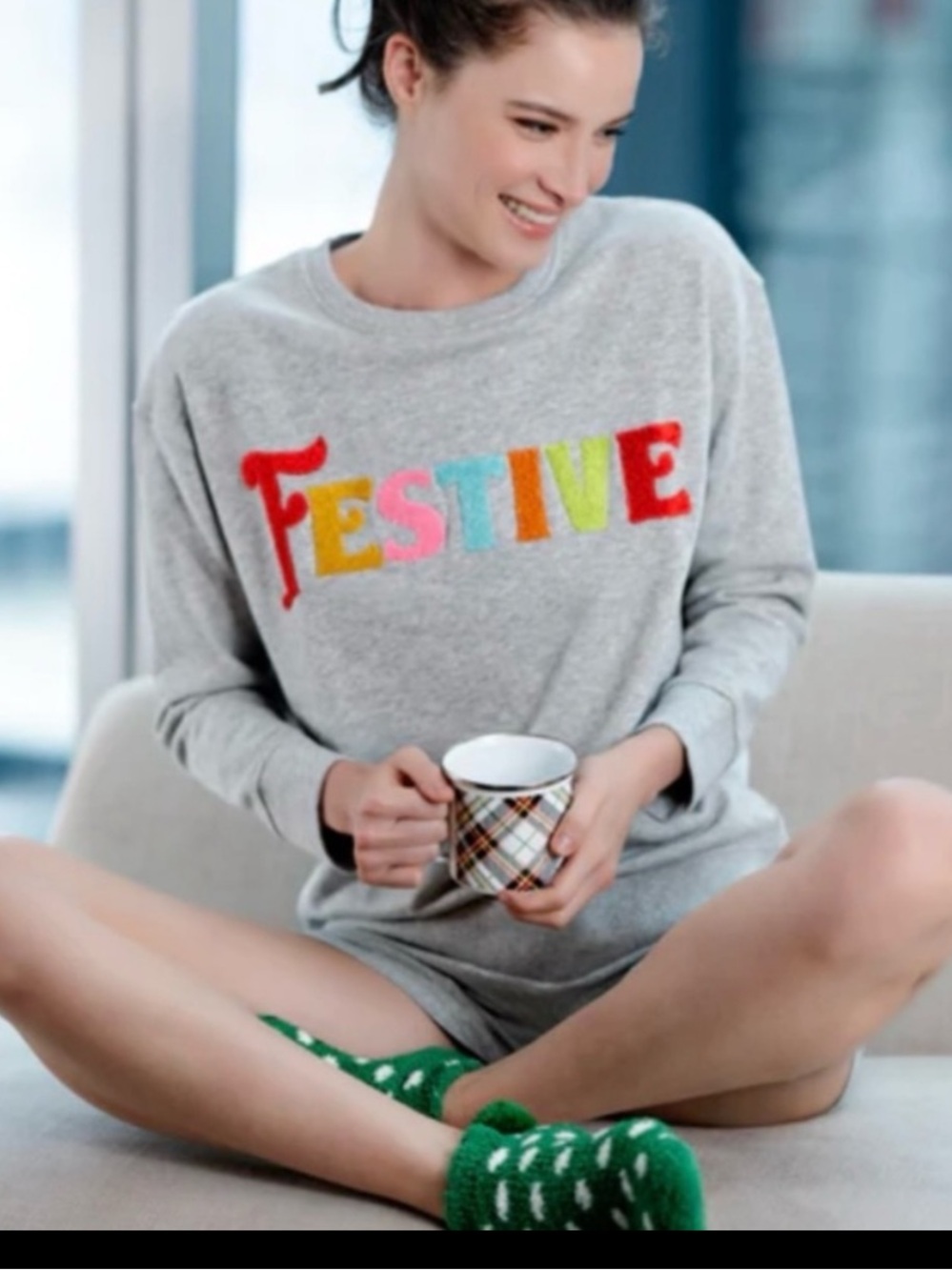 Shiraleah FESTIVE Colorful Textured Applique Cotton Gray Sweatshirt Crewneck L